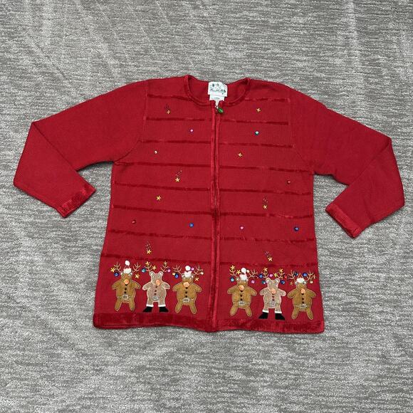 Quacker Factory Sweater Womens Large Red Christmas Reindeer Gingerbread Zip - Picture 1 of 12